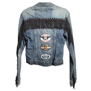 Denim Jacket Fringe Patches Boho Western Biker Personalized Womens XS Route 66..